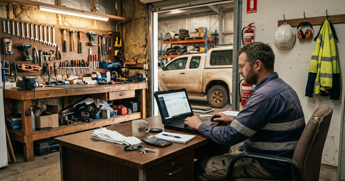 Tradie managing invoices and bookkeeping on laptop in workshop office