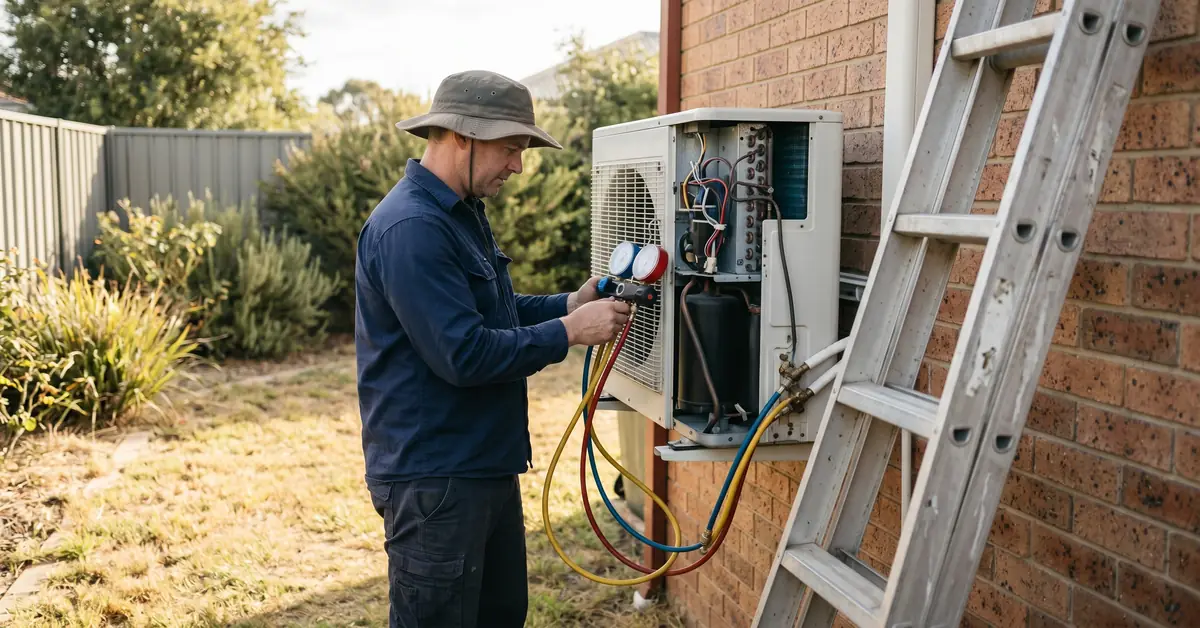 HVAC technician servicing split-system air conditioning unit on exterior wall