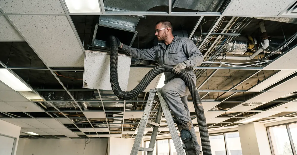 Duct cleaning technician feeding equipment into HVAC duct access point