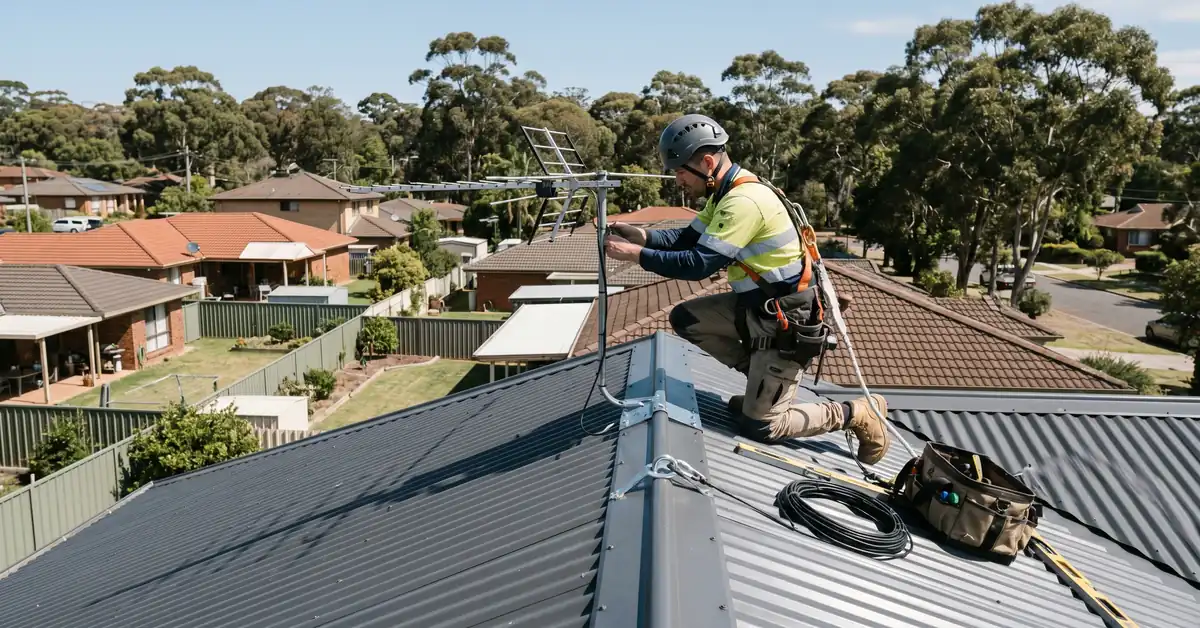 Antenna technician mounting TV antenna on Colorbond roof with safety harness