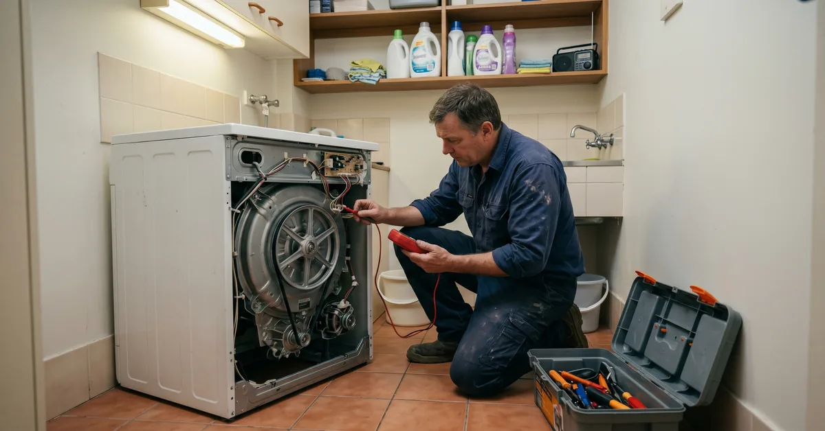 Appliance repairer servicing washing machine in residential laundry