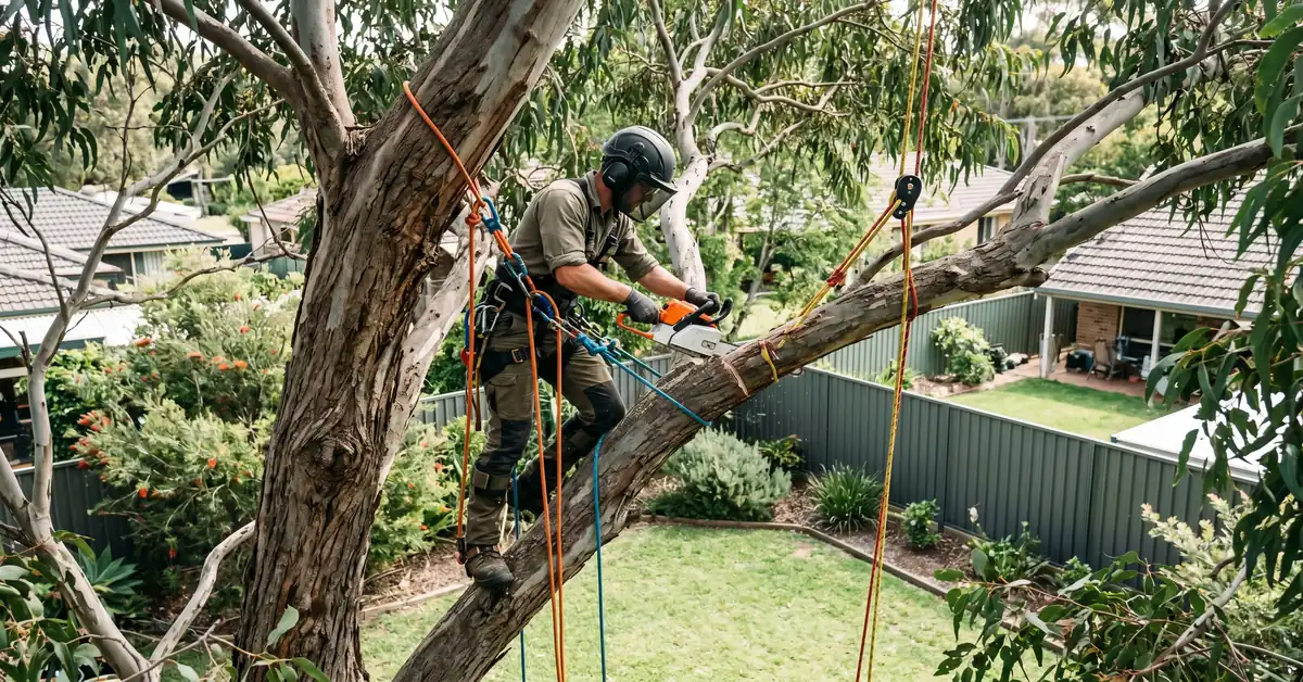Arborist in safety harness up large eucalyptus tree removing limb with chainsaw