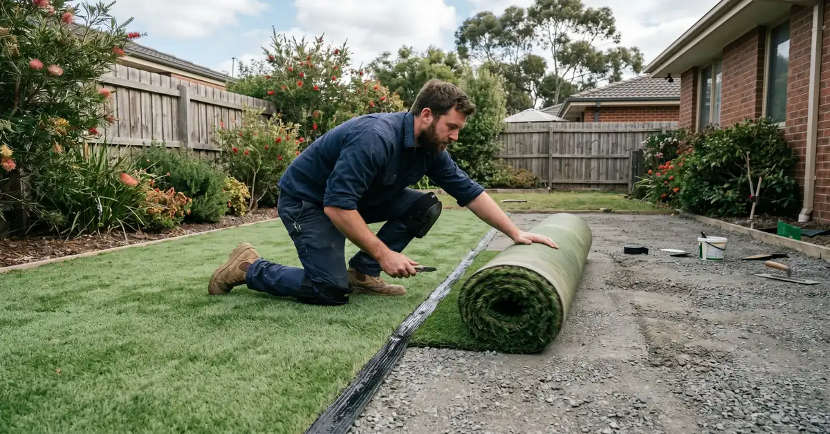 Installer rolling out artificial turf on prepared base in residential backyard