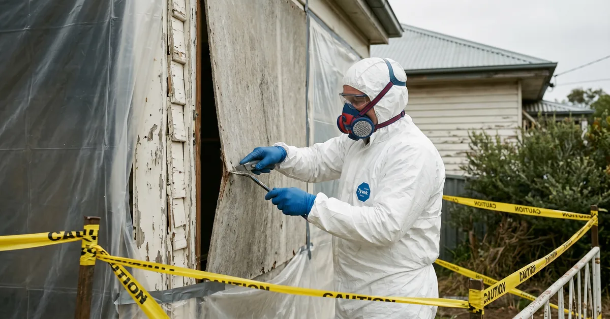 Asbestos removalist in full PPE carefully removing fibro sheeting with containment barriers