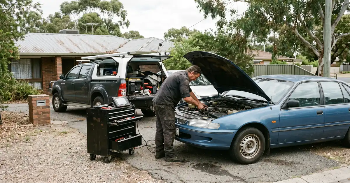 Mobile mechanic servicing vehicle in Australian residential driveway
