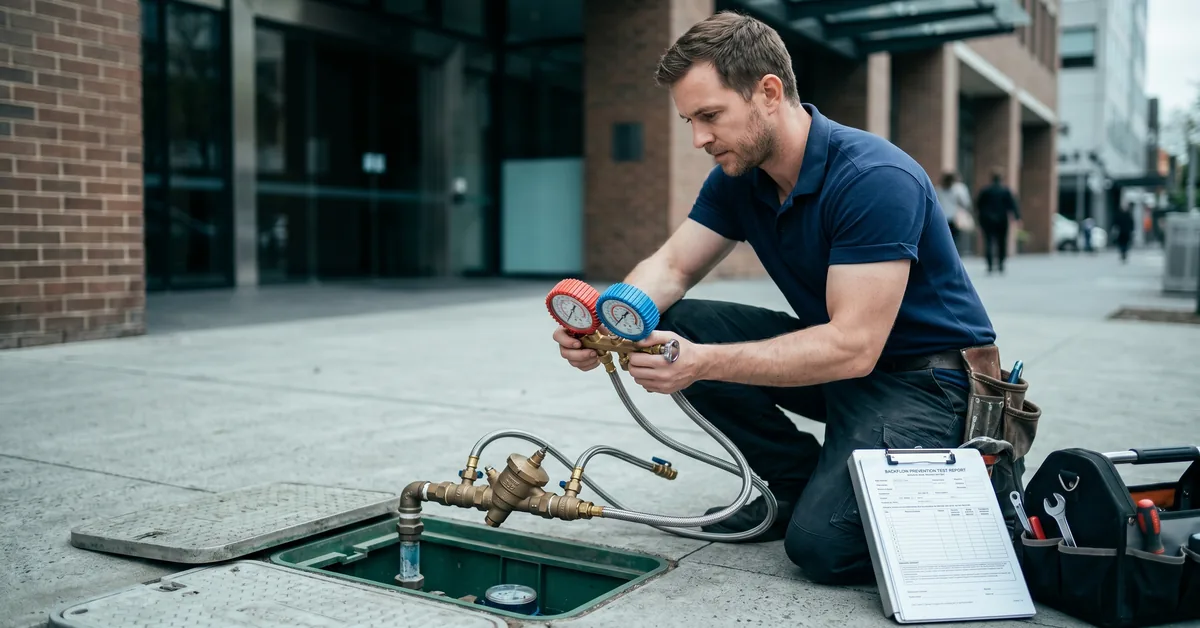 Plumber testing backflow prevention valve at commercial property meter box