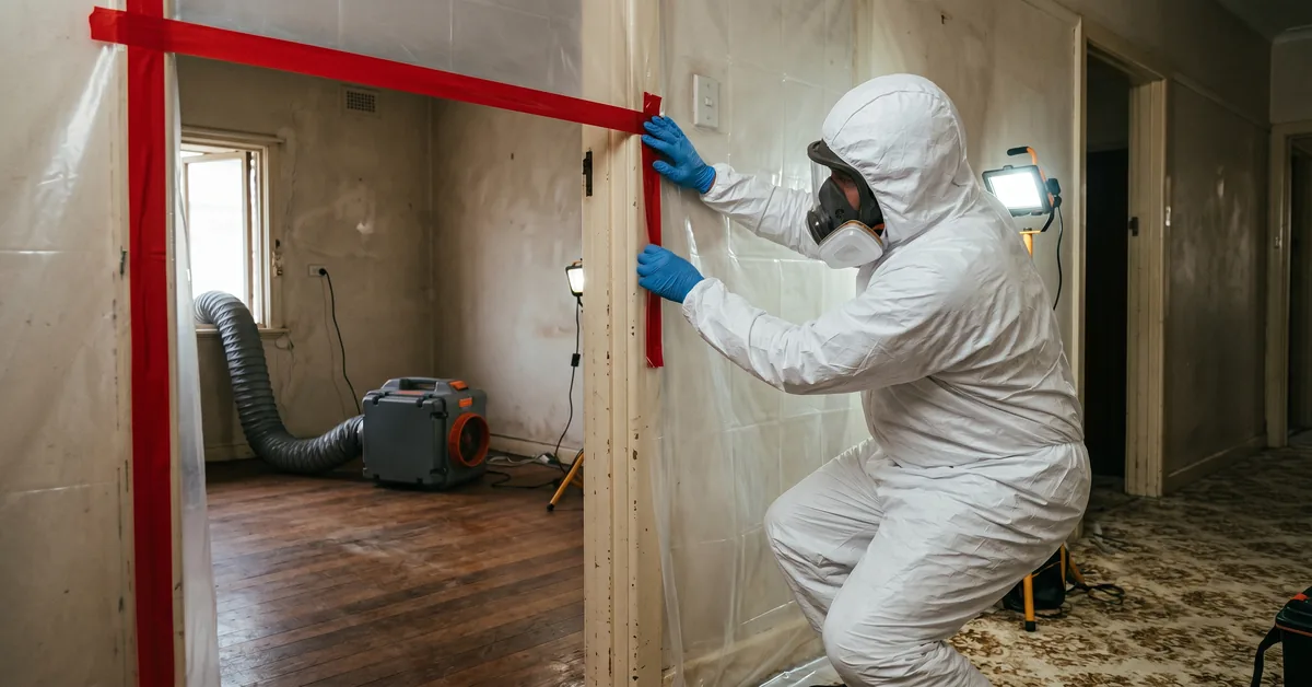 Biohazard remediation technician in full Tyvek suit setting up containment