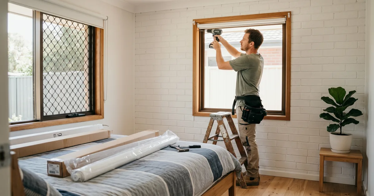 Installer fitting roller blinds to bedroom window with drill and brackets