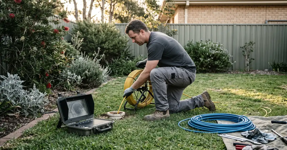 Drain plumber feeding CCTV drain camera into inspection point in residential yard