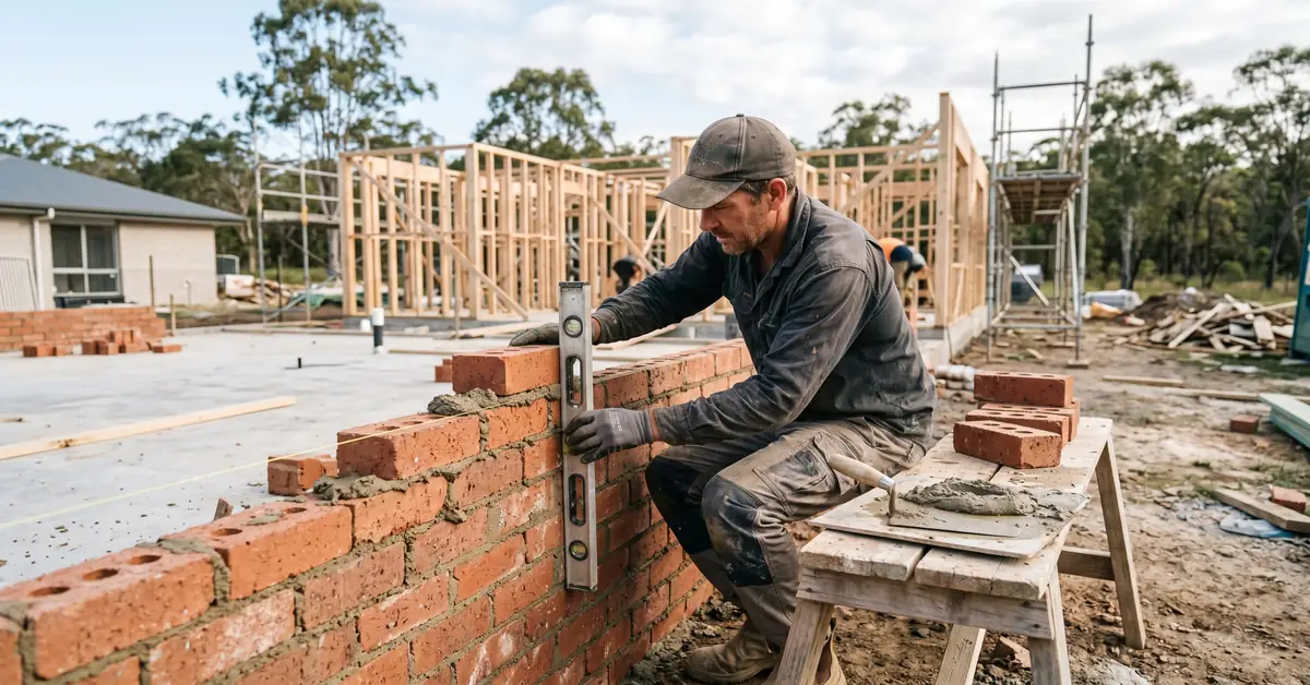 Bricklayer mid-course on half-built brick wall with spirit level and trowel