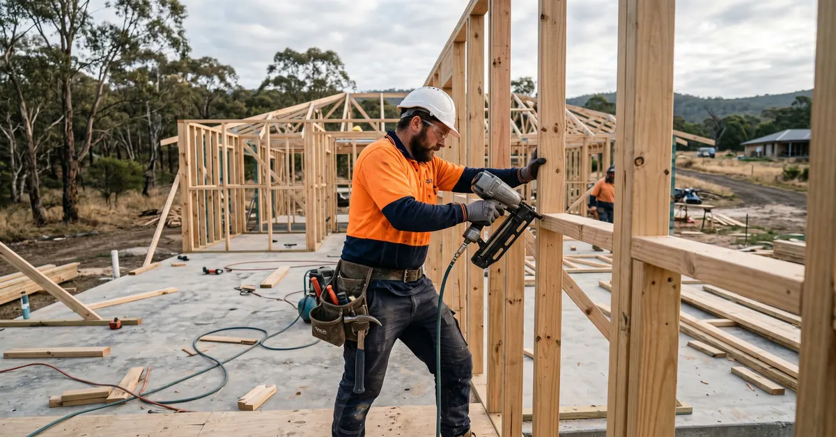 Builder on timber frame with nail gun framing wall at residential construction site