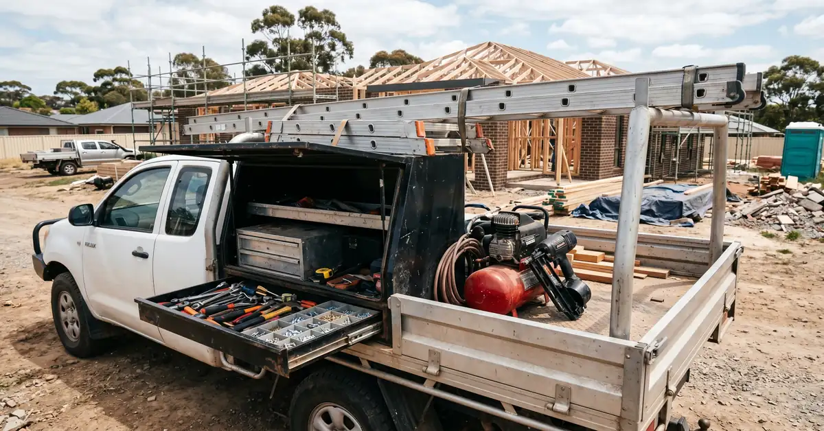 Builder's dual-cab ute with steel tray, ladder rack, toolboxes, and compressor