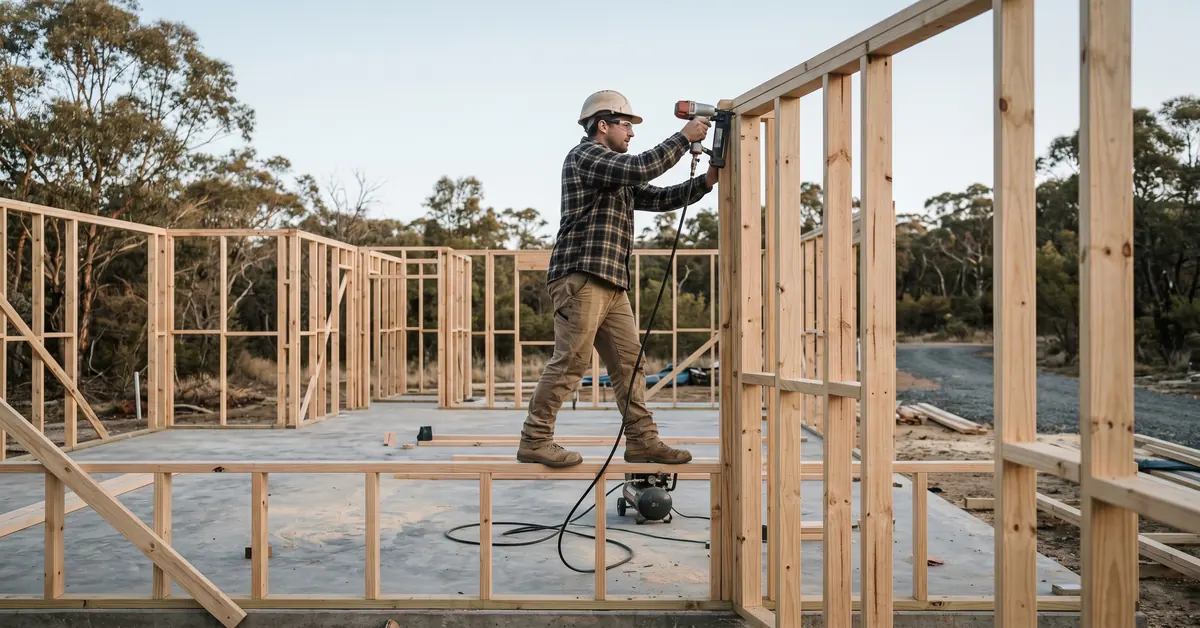 Australian builder framing timber wall on construction site