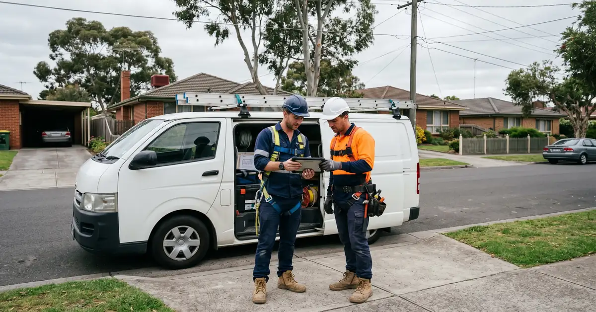 Two tradies reviewing business insurance options on tablet beside work van