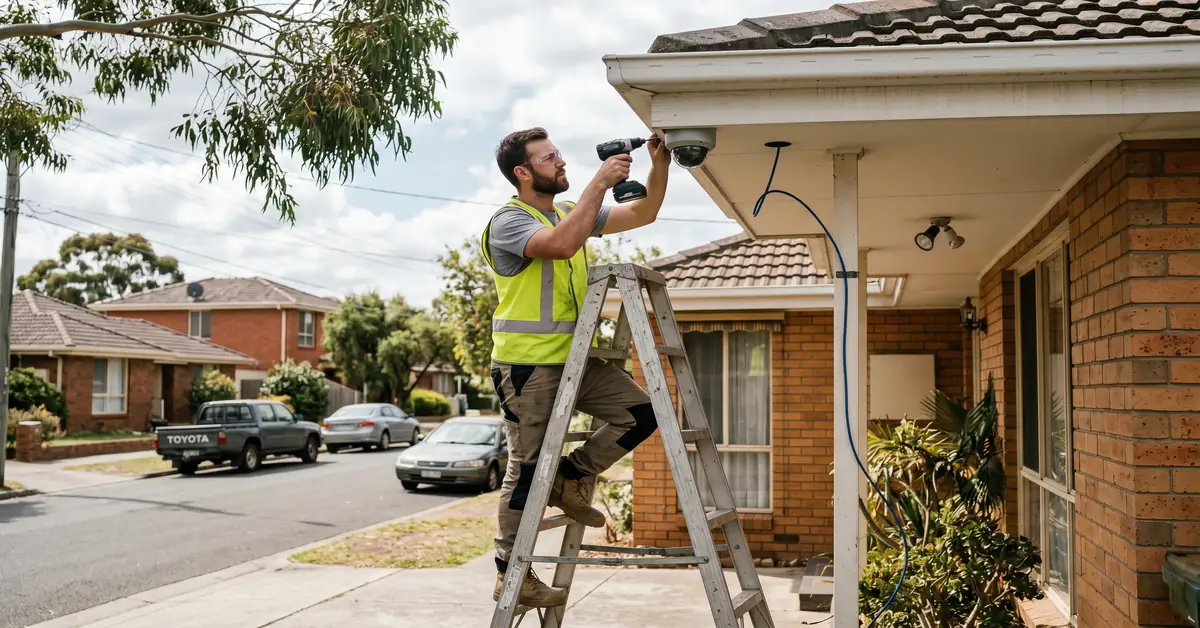 Security installer mounting CCTV camera on residential property eaves