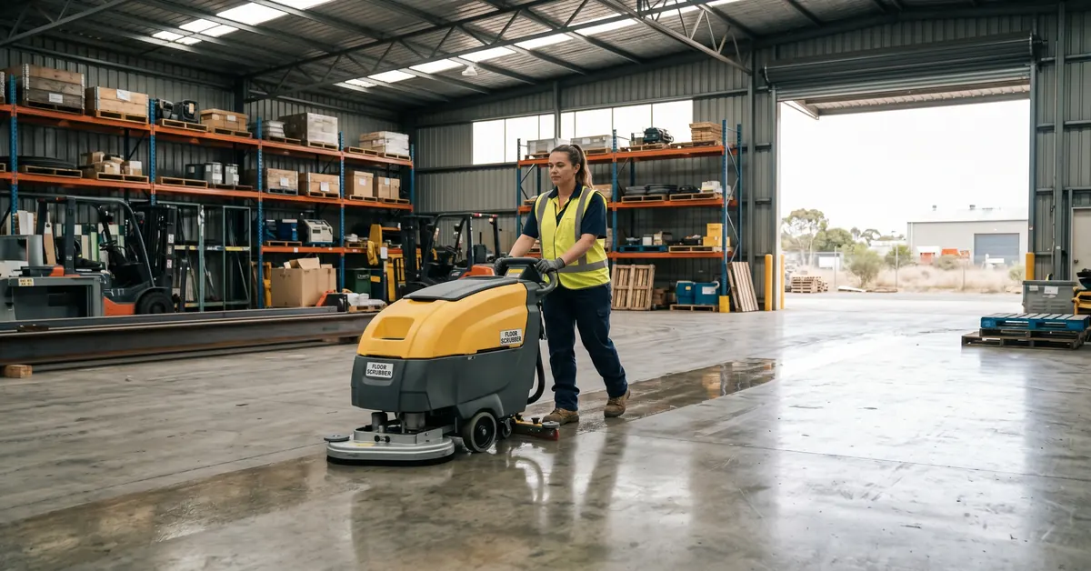 Professional commercial cleaner at work in Australian facility