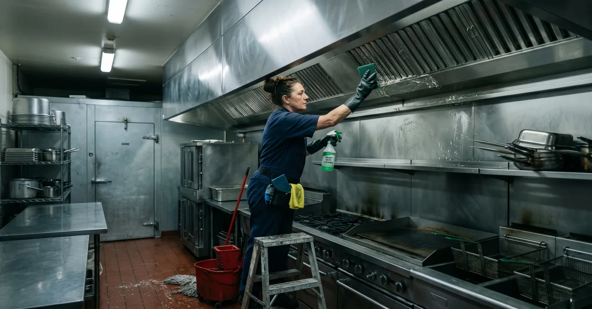 Kitchen cleaner degreasing commercial exhaust hood in restaurant after hours