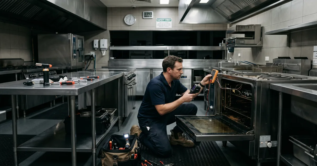 Technician servicing commercial oven in restaurant kitchen with stainless steel surrounds