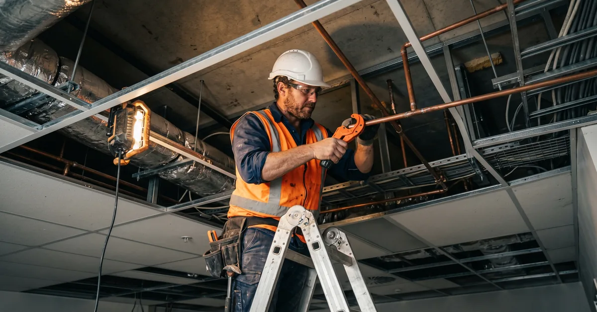 Commercial plumber working on exposed copper pipework in ceiling void