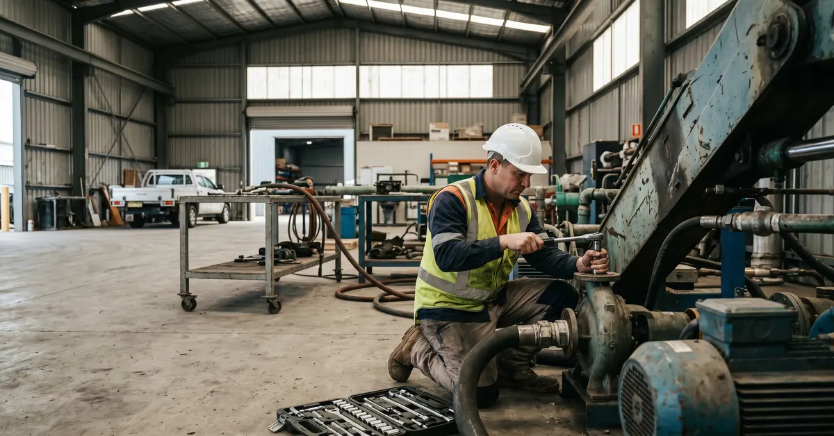 Commercial trade services technician working on industrial equipment