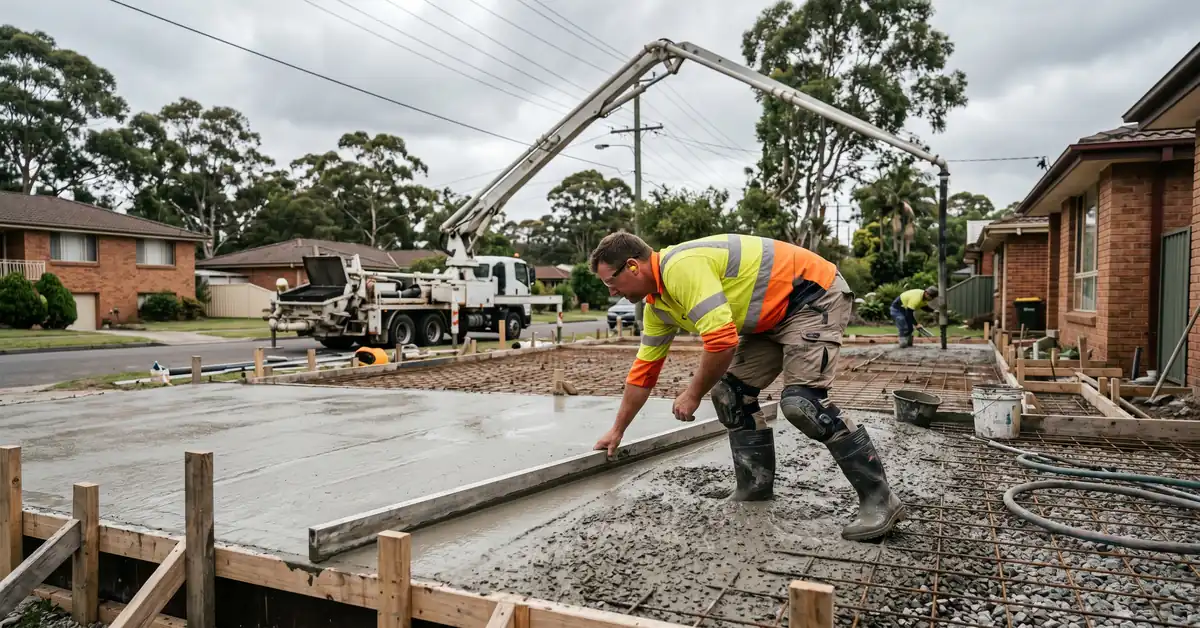 Concreter screeding freshly poured slab with concrete pump truck in background