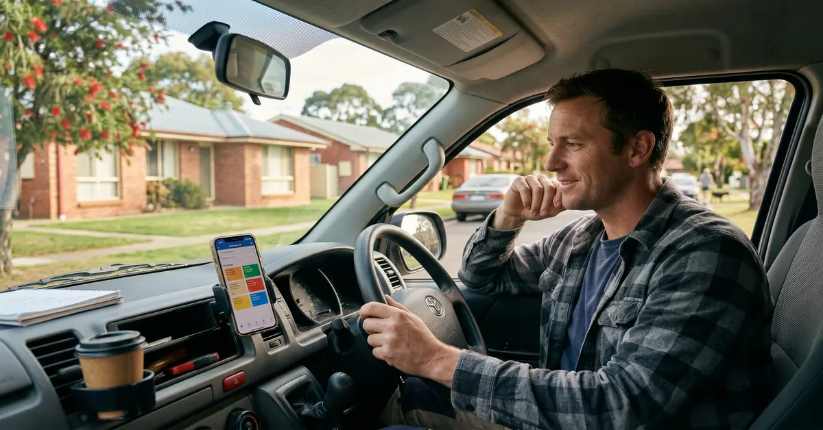 Tradie checking customer pipeline on CRM app mounted in work van dashboard