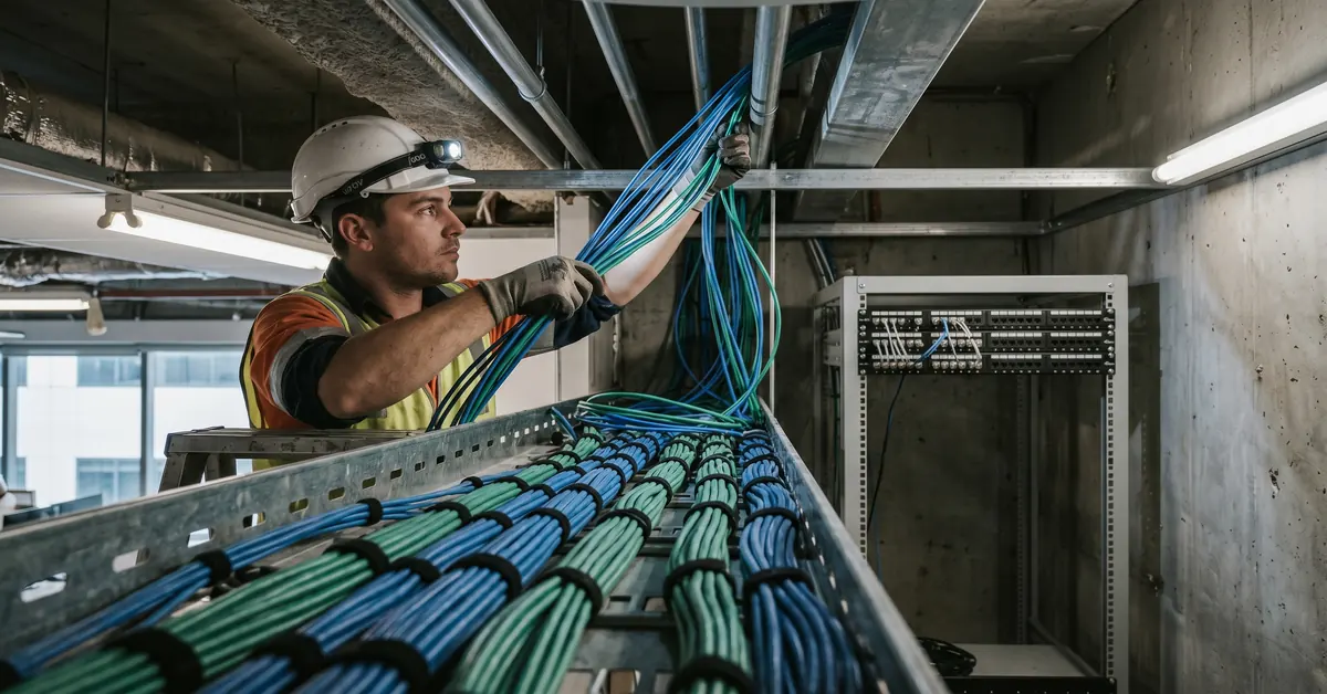 Data cabler pulling Cat6 cable through ceiling cavity with patch panel visible