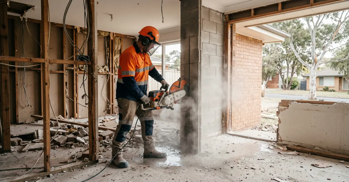 Demolition operator in full PPE using concrete saw on wall in controlled residential demo