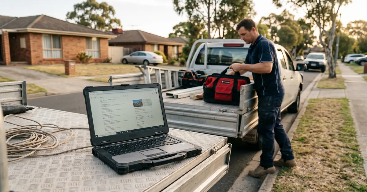 Laptop on ute tailgate showing trade business Google listing and search results