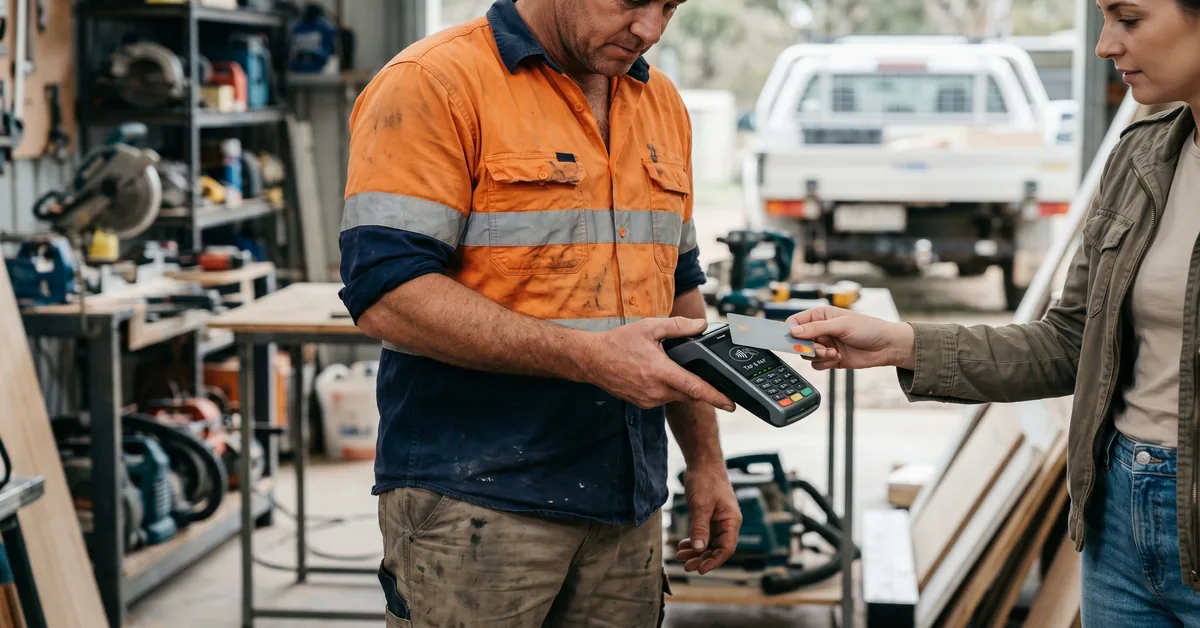 Customer making tap-to-pay payment to tradie using mobile EFTPOS terminal