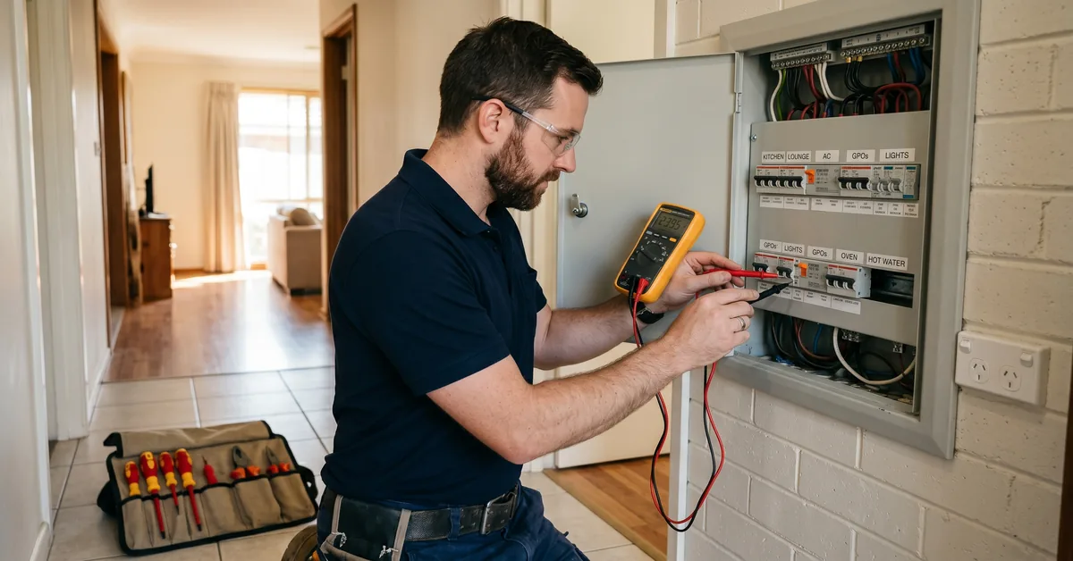 Electrician at residential switchboard testing circuits with multimeter and insulated tools