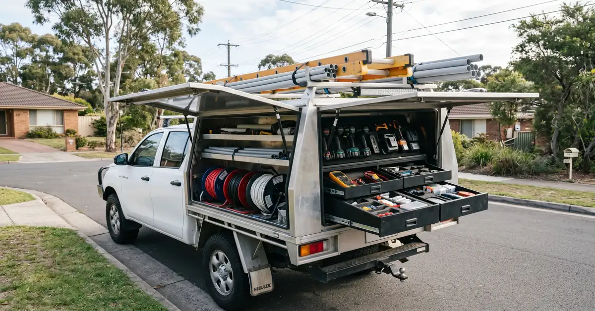 Electrician's work ute with open canopy showing cable reels, conduit, and power tools in drawer system