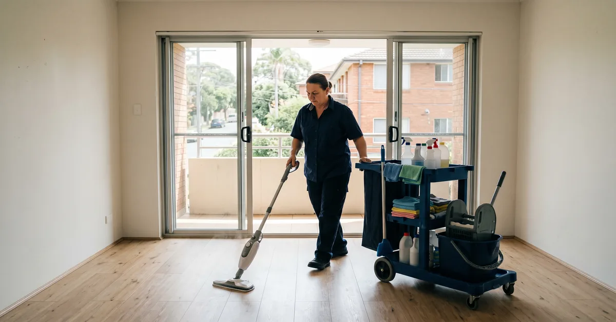 Professional cleaner deep-cleaning empty rental apartment for end of lease