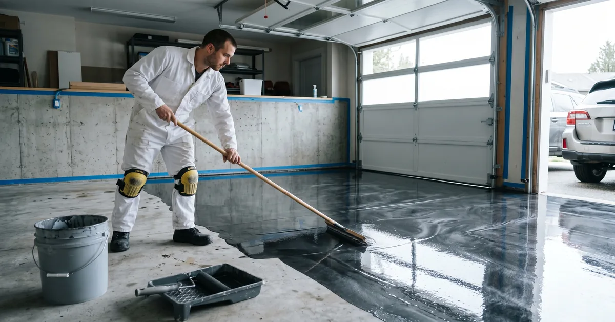 Flooring specialist applying metallic epoxy coating to garage floor with squeegee