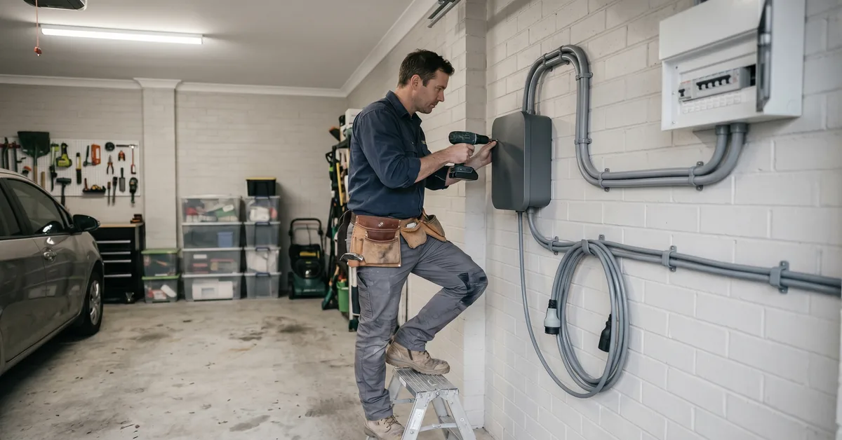 Electrician mounting wall-mounted EV charger on residential garage wall