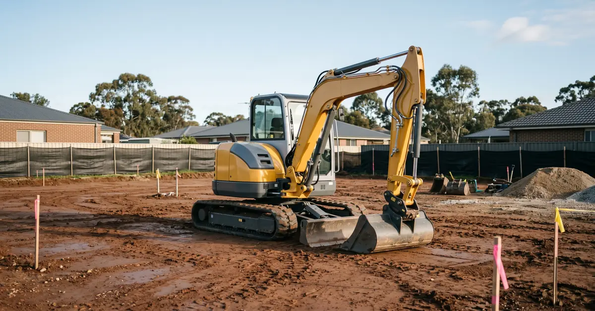 Brand new 5-tonne excavator on cleared residential block ready for work