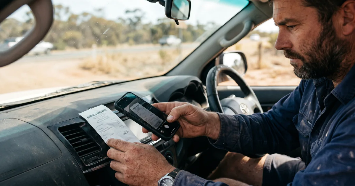 Tradie photographing receipt with expense tracking app on ute dashboard