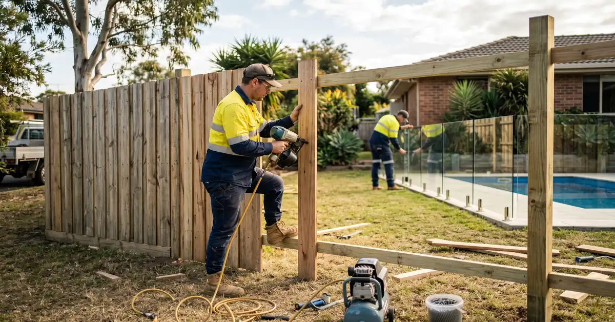 Fencer securing Colorbond fence panel between steel posts on suburban boundary