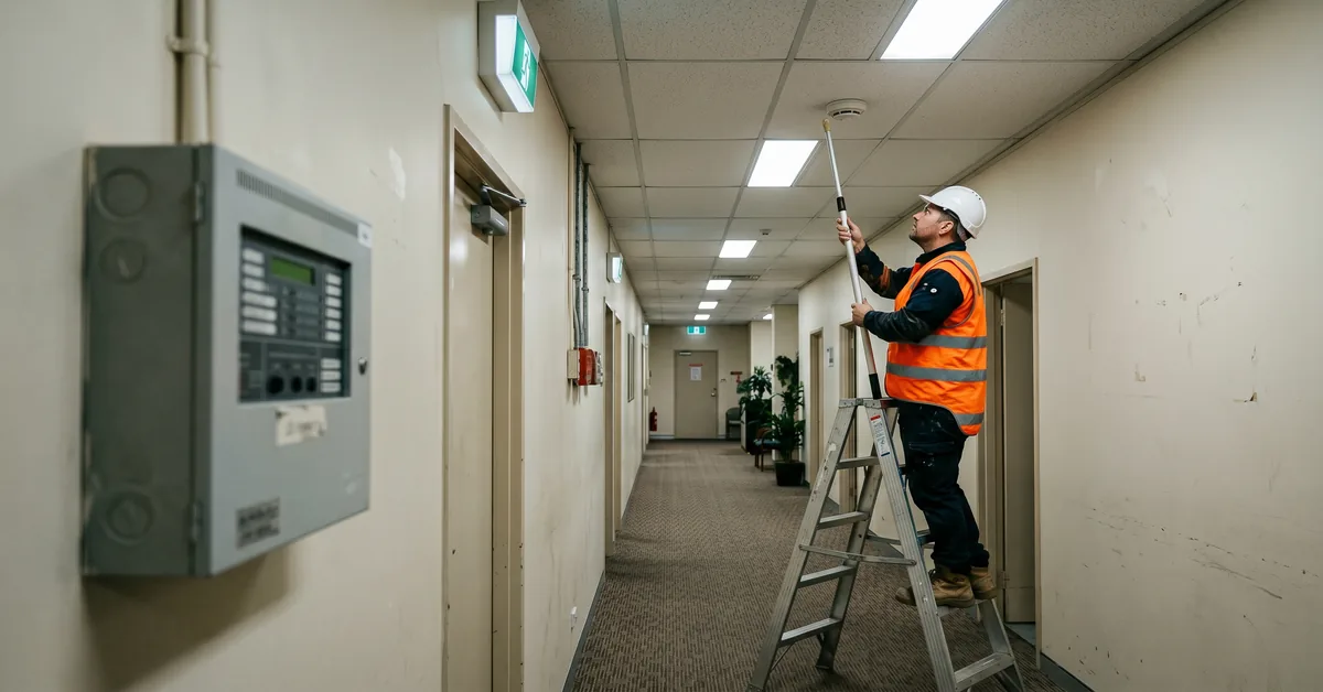 Fire systems technician on ladder testing ceiling smoke detector in commercial corridor