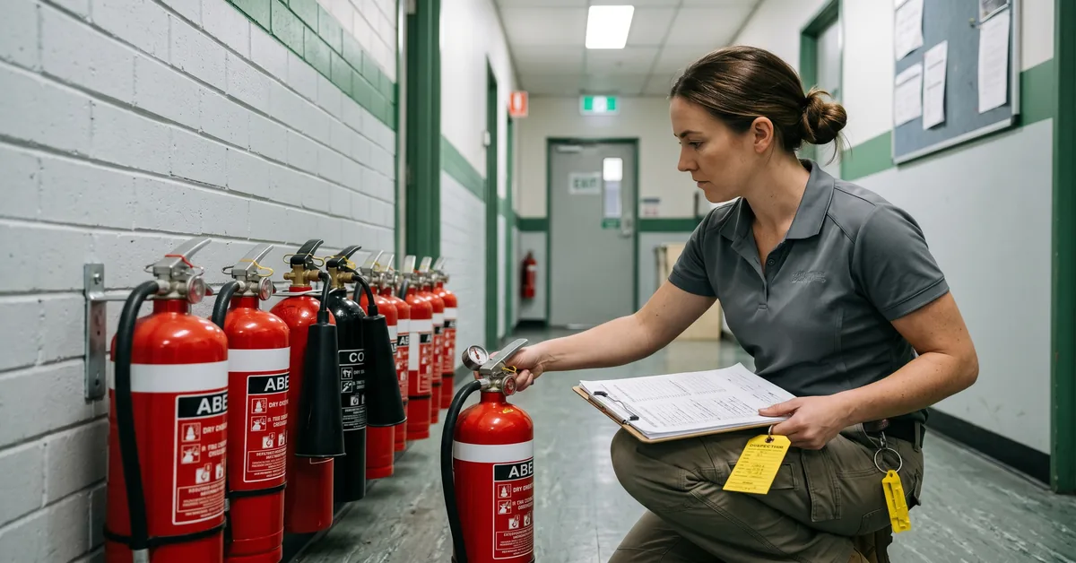 Technician servicing fire extinguishers lined up in commercial hallway