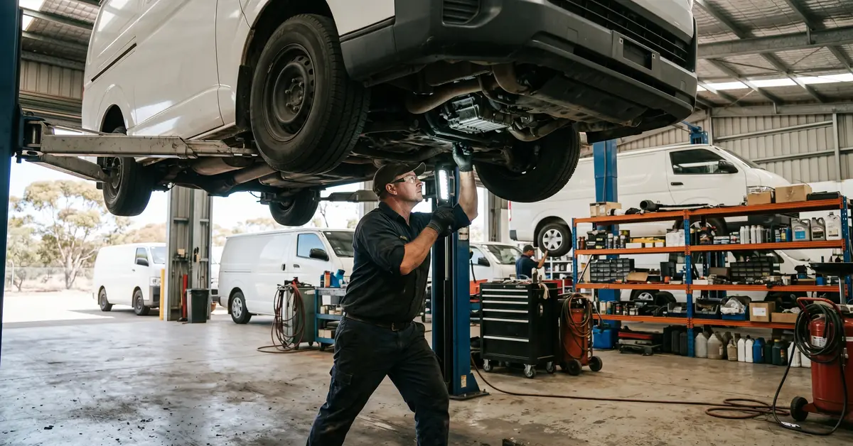 Mechanic servicing commercial van in fleet depot with vehicle on ramp