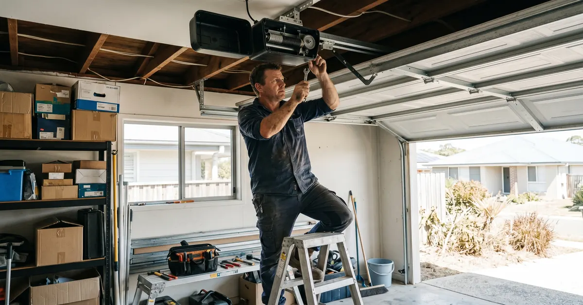 Garage door technician adjusting spring motor mechanism on sectional door