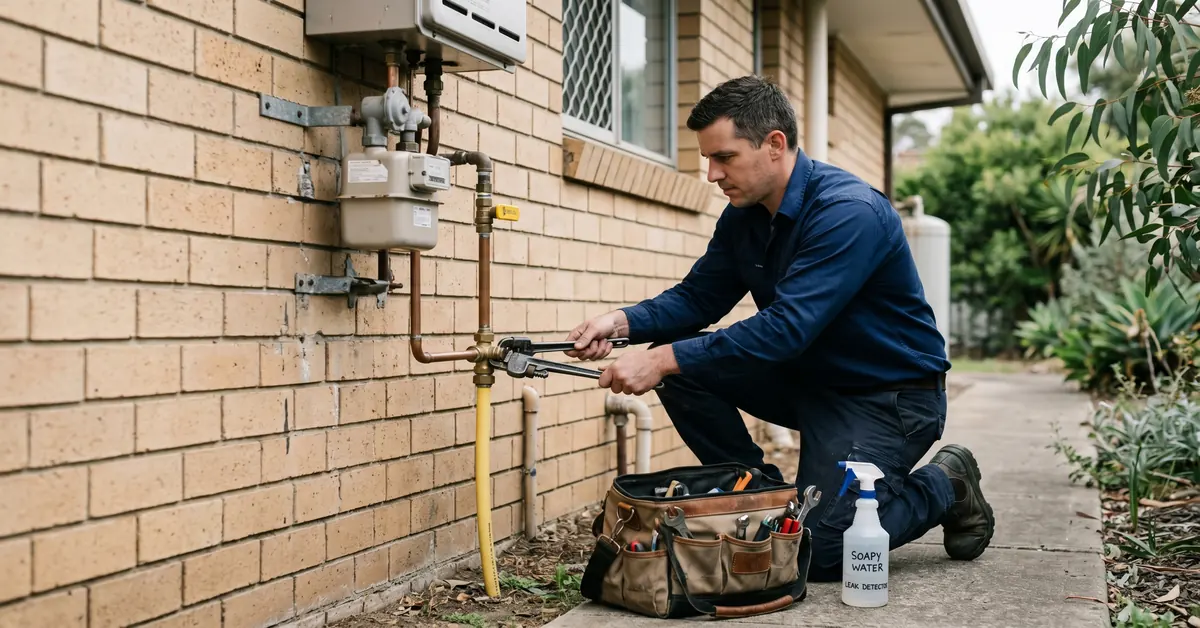 Licensed Australian gas fitter connecting copper gas pipework at residential hot water system