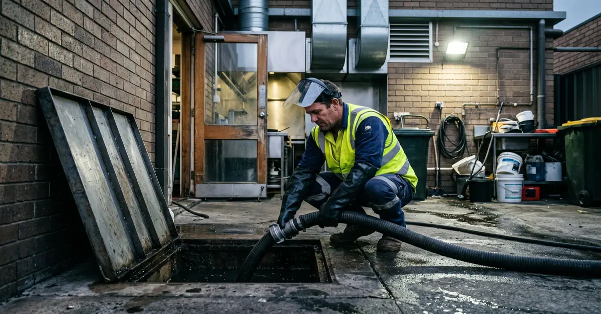 Grease trap technician in PPE servicing in-ground trap at rear of commercial kitchen