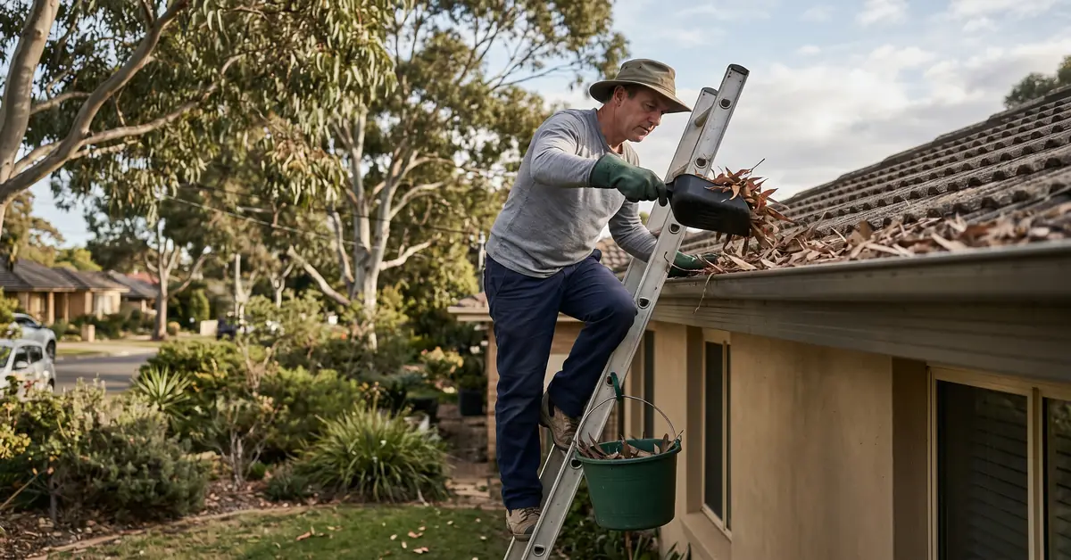 Gutter cleaner on ladder clearing eucalyptus leaves from residential gutter