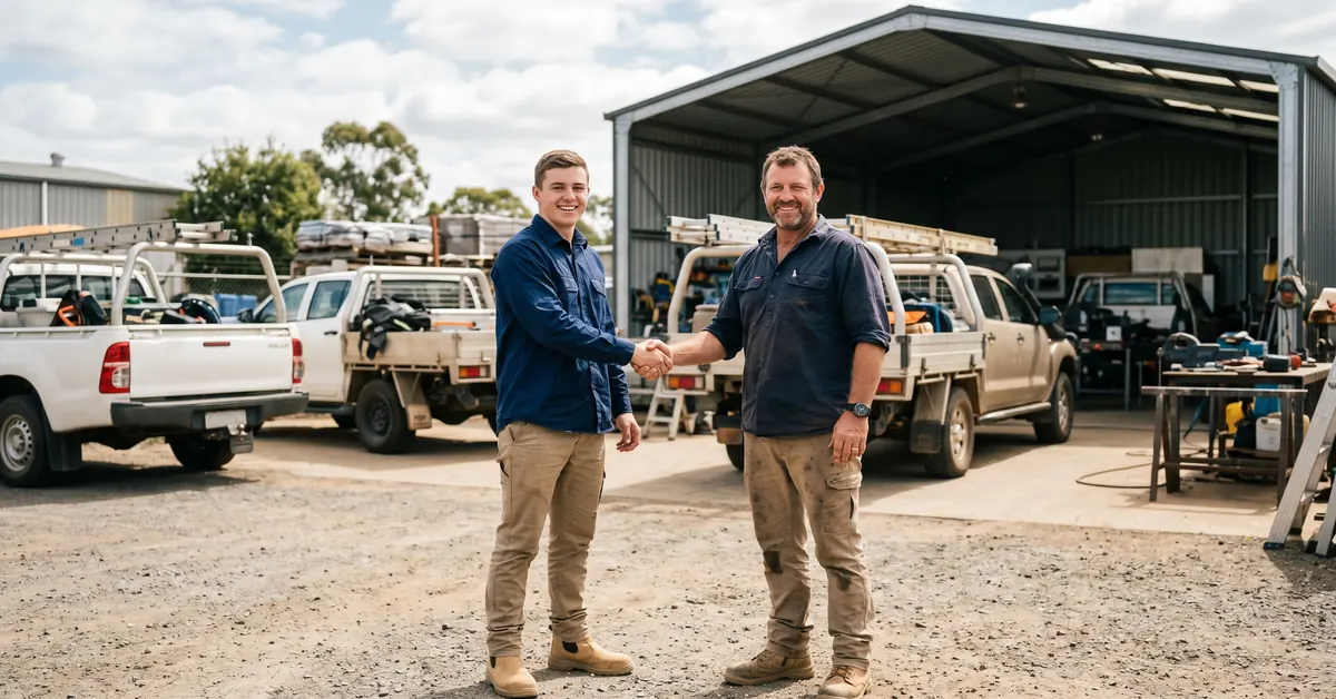 Trade business owner welcoming new team member at workshop yard