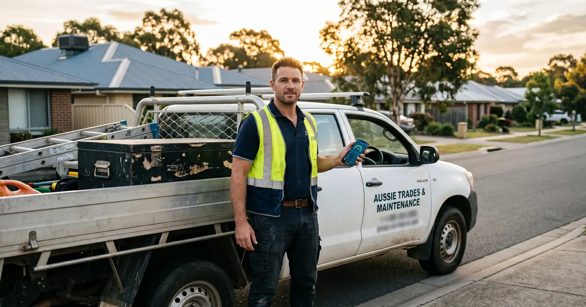 Australian tradie reviewing business software on phone beside work ute at golden hour