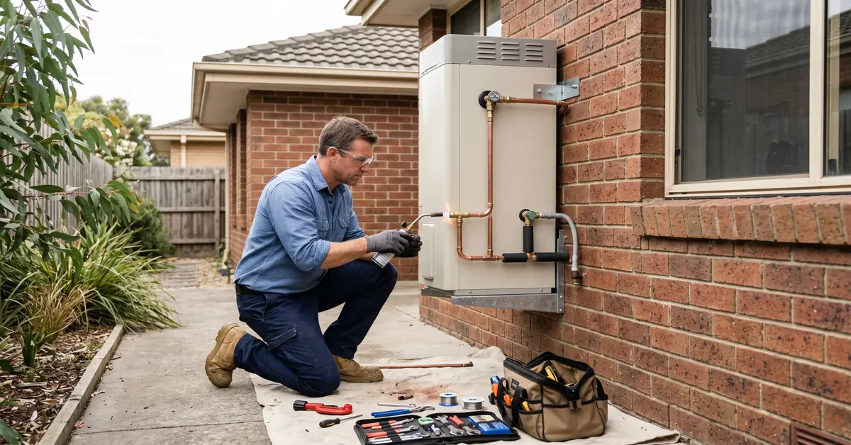 Plumber installing new hot water system on side of residential house