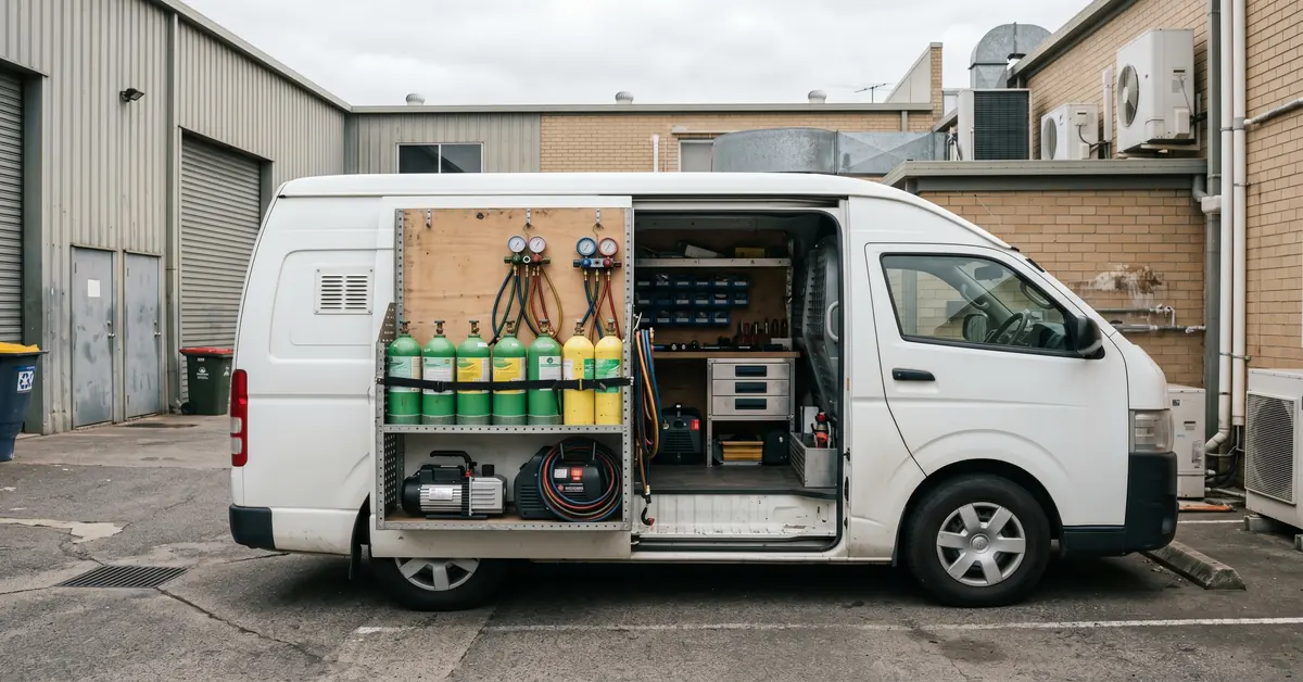 HVAC service van with side doors open showing refrigerant bottles and gauge sets
