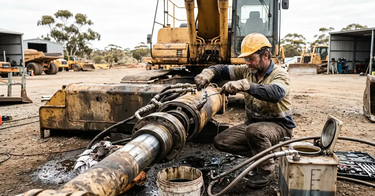 Hydraulic technician repairing hydraulic cylinder on heavy equipment